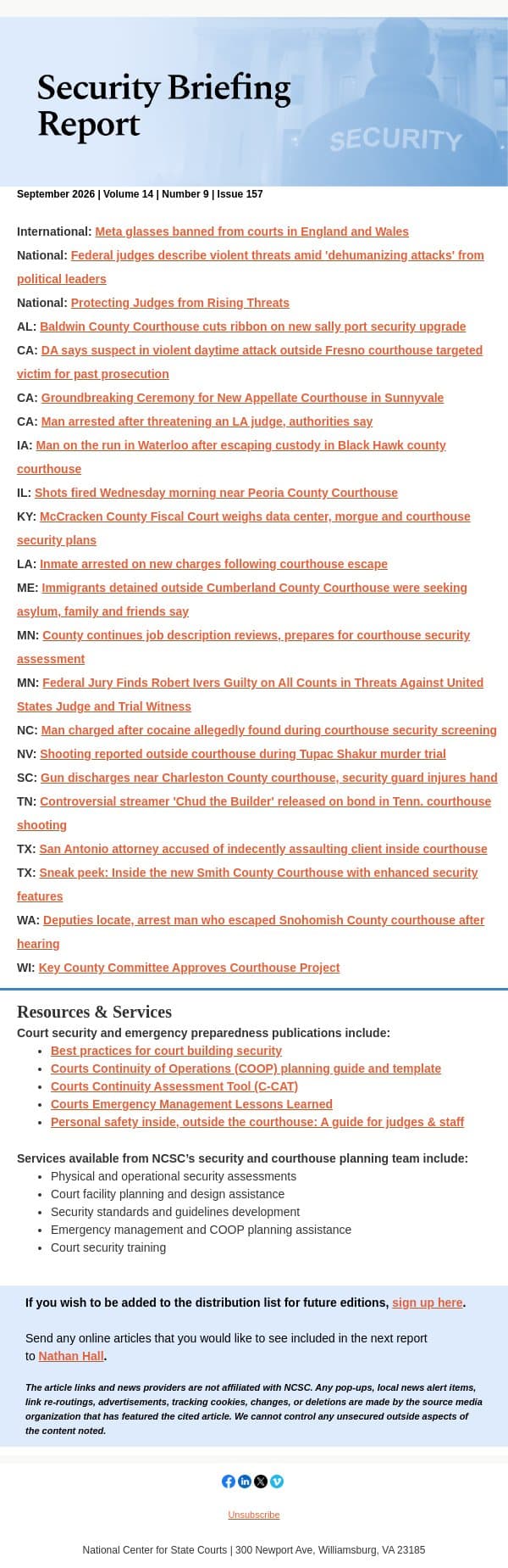 Read the latest Court Security Bulletin: September 2026 email from National Center for State Courts screenshot