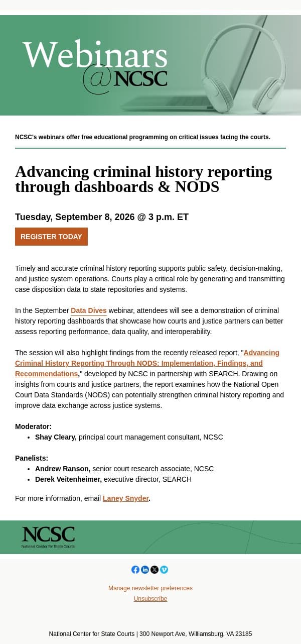 Discover how dashboards can improve criminal history reporting email from National Center for State Courts screenshot