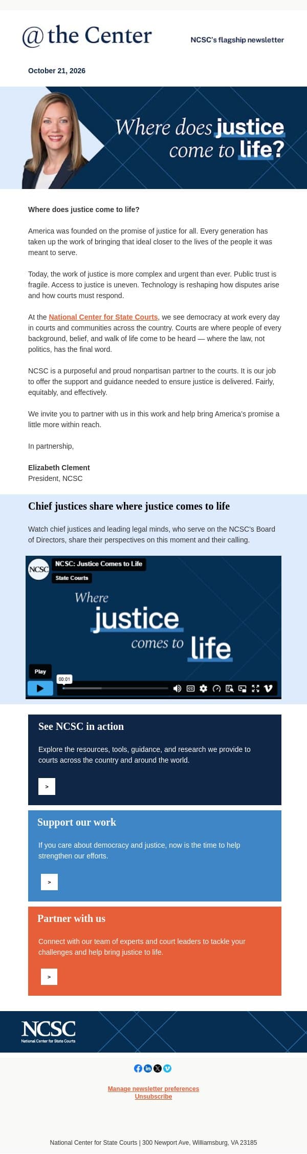 A moment for justice. A message from President Clement email from National Center for State Courts screenshot