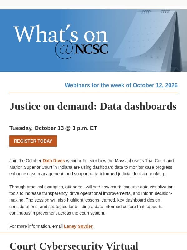 What's on @NCSC: Webinars for the week of October 12 email from National Center for State Courts
