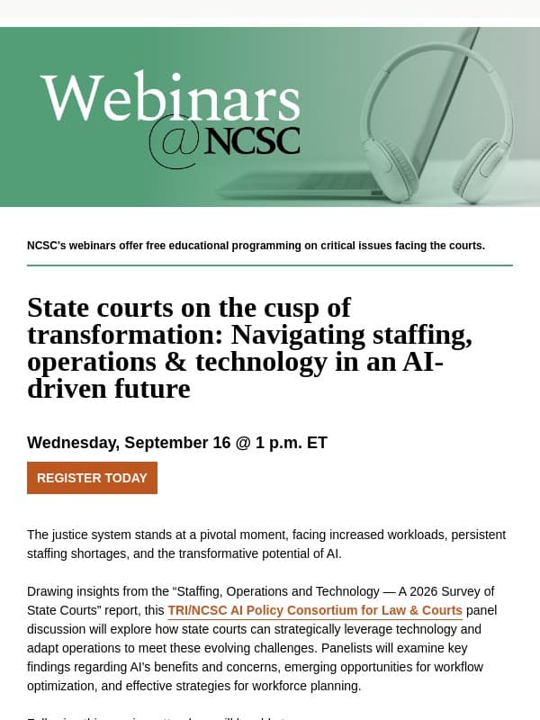 Leverage technology and AI to navigate evolving challenges email from National Center for State Courts