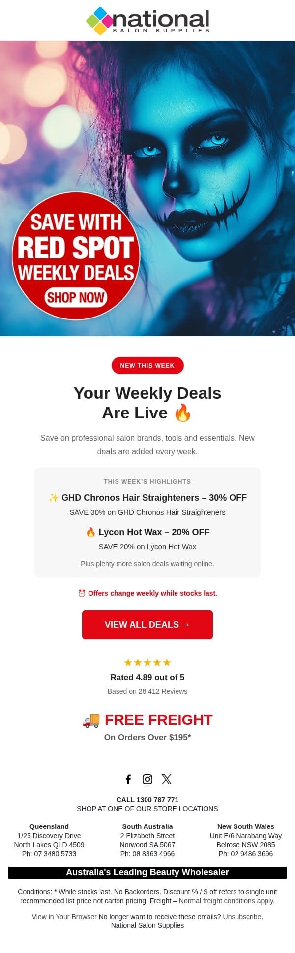 🔥 Don't Miss Our Fresh Red Spot Deals! email from National Salon Supplies screenshot