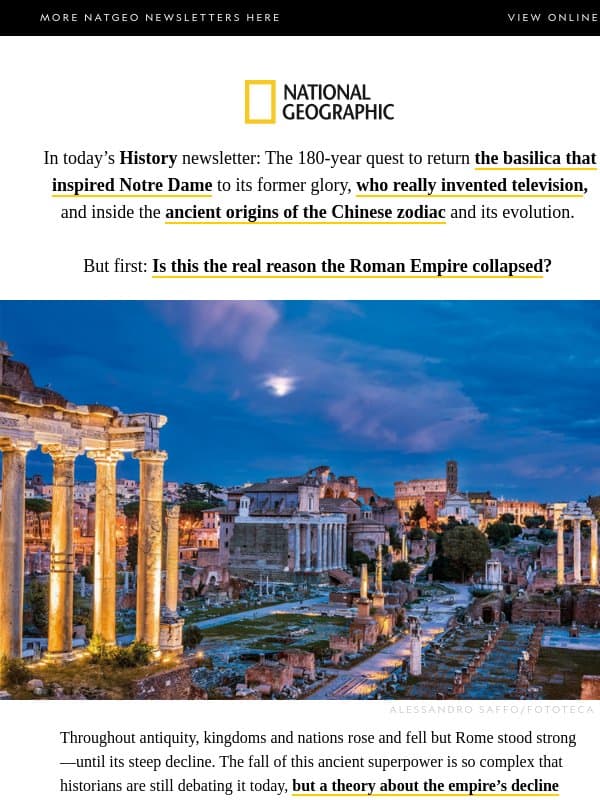 Who really invented TV?; a new fall of Rome theory; the controversy over restoring the first Gothic church email from Nationalgeographic
