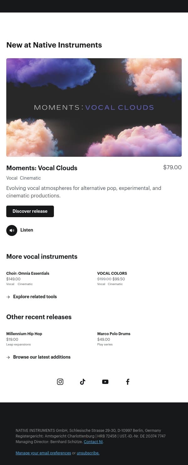 Introducing Moments: Vocal Clouds email from Native Instruments screenshot