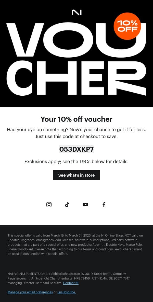 Here’s 10% off email from Native Instruments screenshot