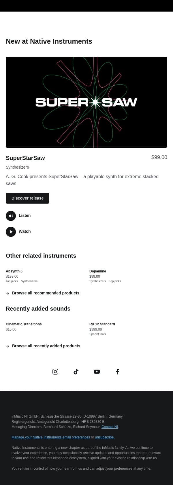 A. G. Cook presents SuperStarSaw email from Native Instruments screenshot