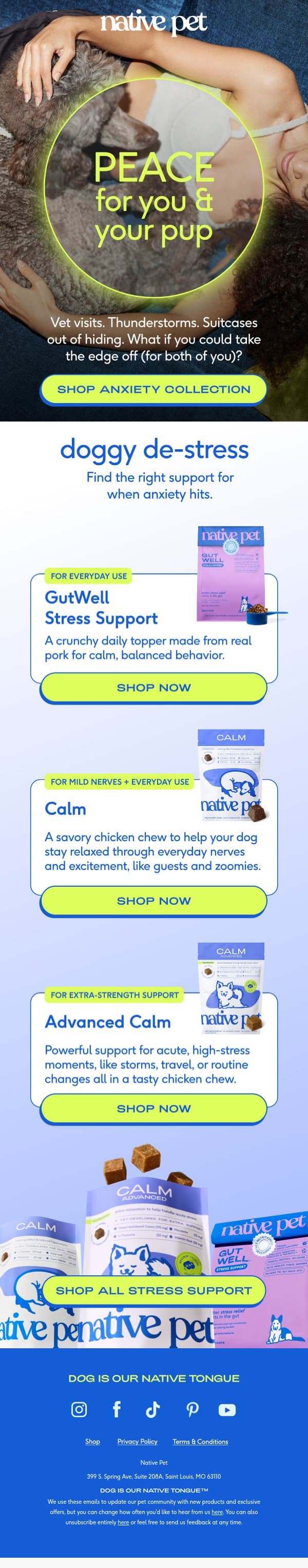 vet visits. thunderstorms. separation. email from Native Pet screenshot