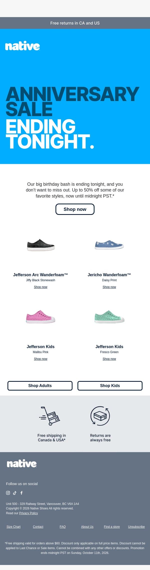 Anniversary sale is ending tonight email from Native Shoes screenshot