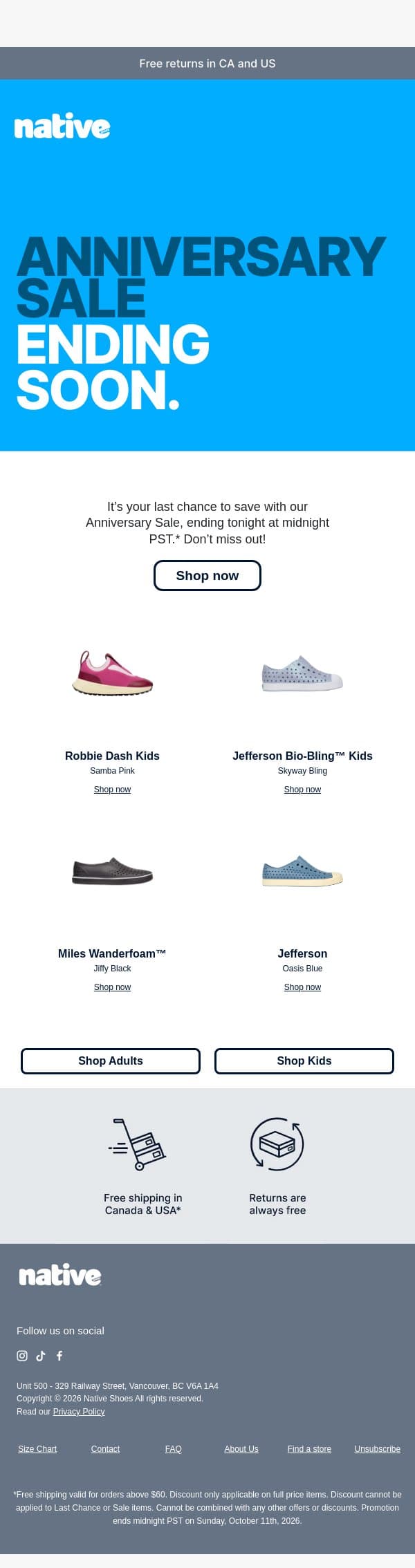Anniversary sale is ending in a few hours email from Native Shoes screenshot