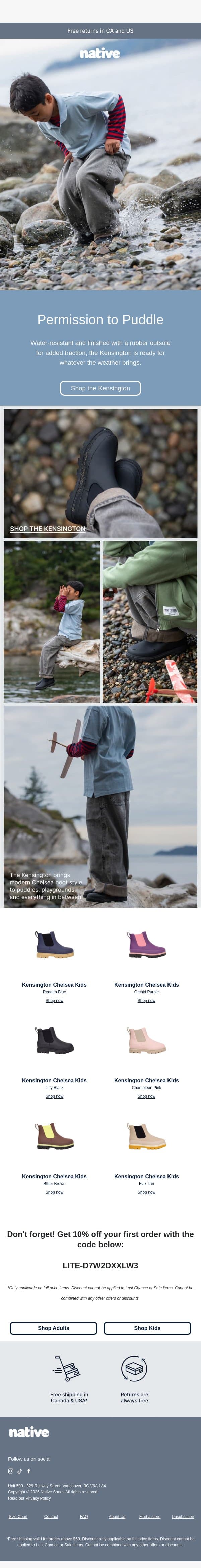The Kensington is built for all seasons email from Native Shoes screenshot