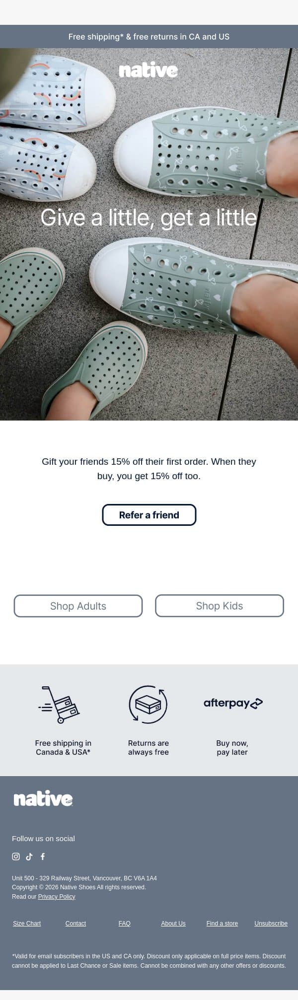 Refer a friend and get 15% off email from Native Shoes screenshot