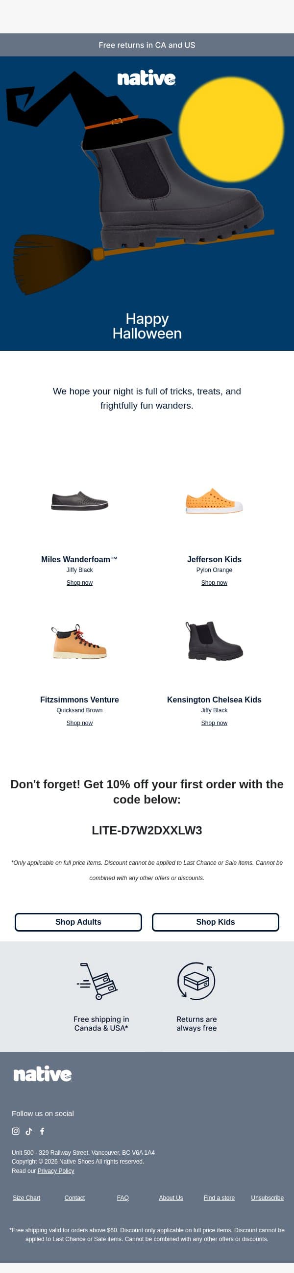 Happy Halloween π»ππ¦ email from Native Shoes screenshot