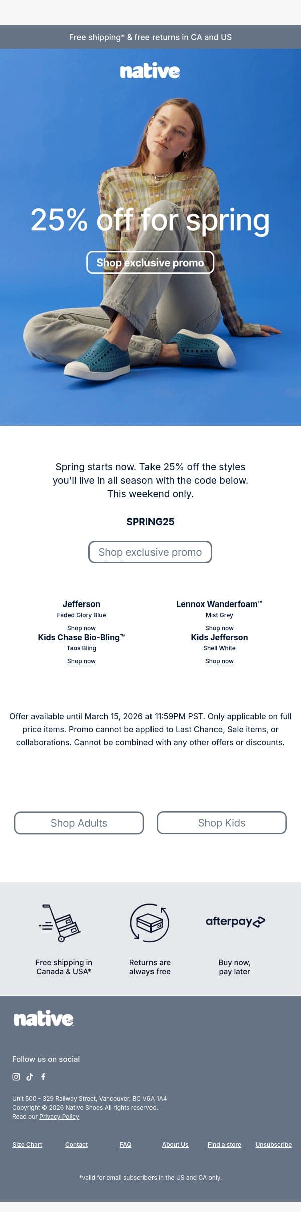 25% off your favorite spring styles email from Native Shoes screenshot