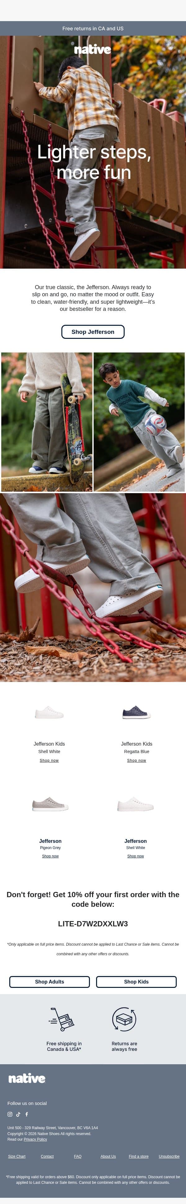 The Jefferson - a tried and true classic email from Native Shoes screenshot
