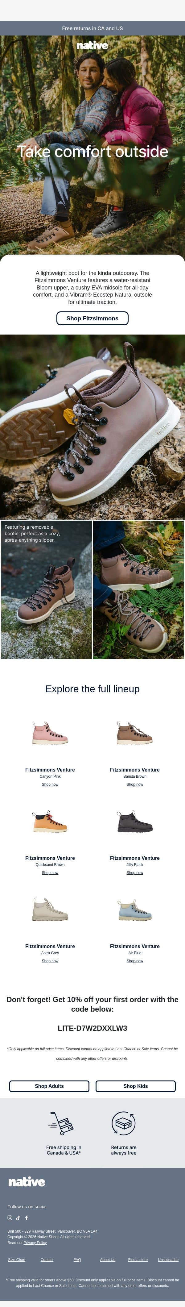 Take comfort outside with the Fitzsimmons email from Native Shoes screenshot