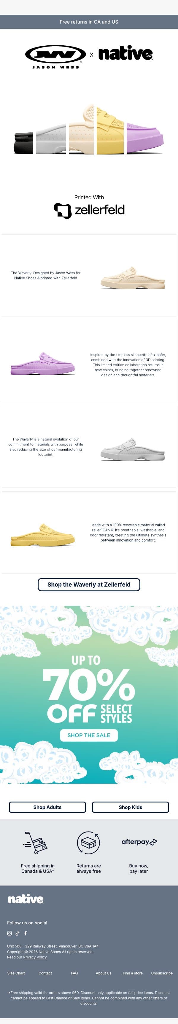 The Waverly returns email from Native Shoes screenshot
