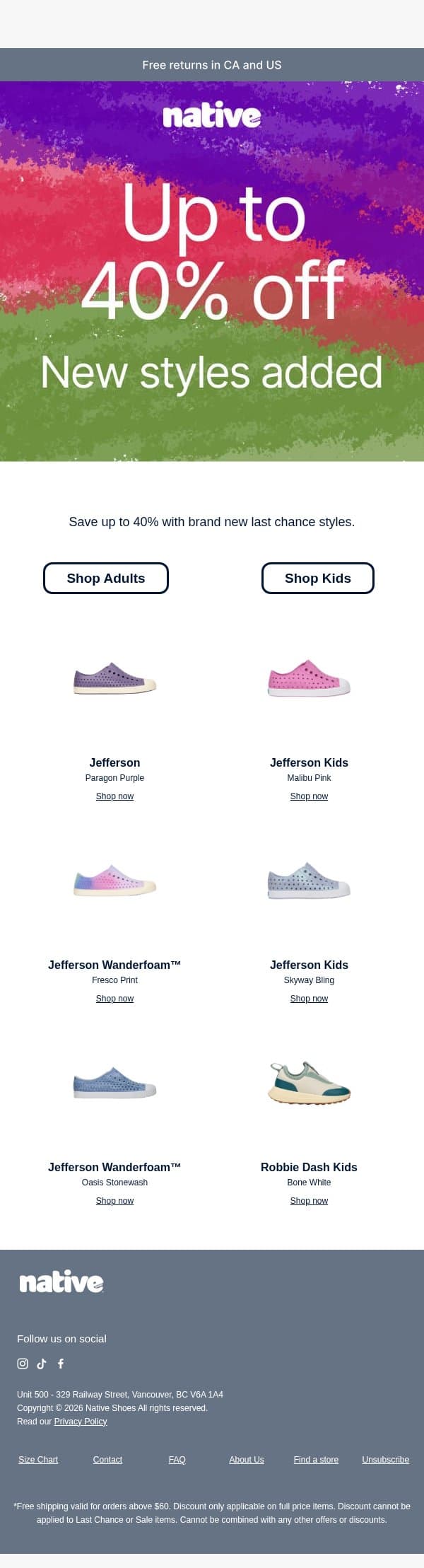 Save up to 40% email from Native Shoes screenshot