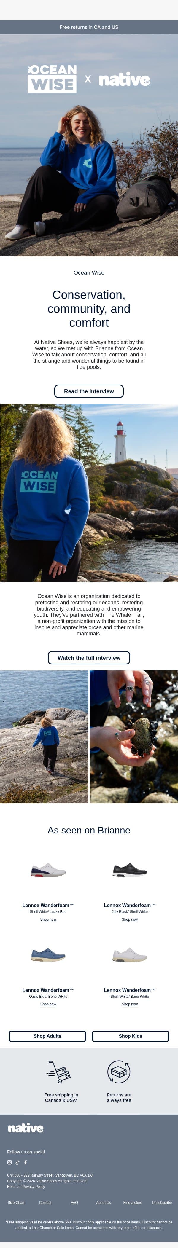 Ocean Wise x Native Shoes email from Native Shoes screenshot