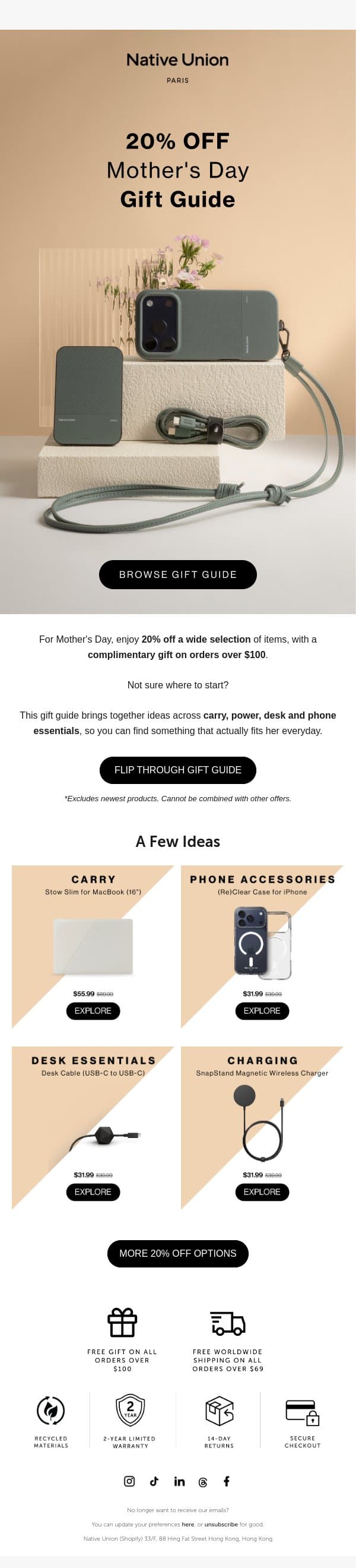 The 20% Off Gift Guide email from Native Union screenshot