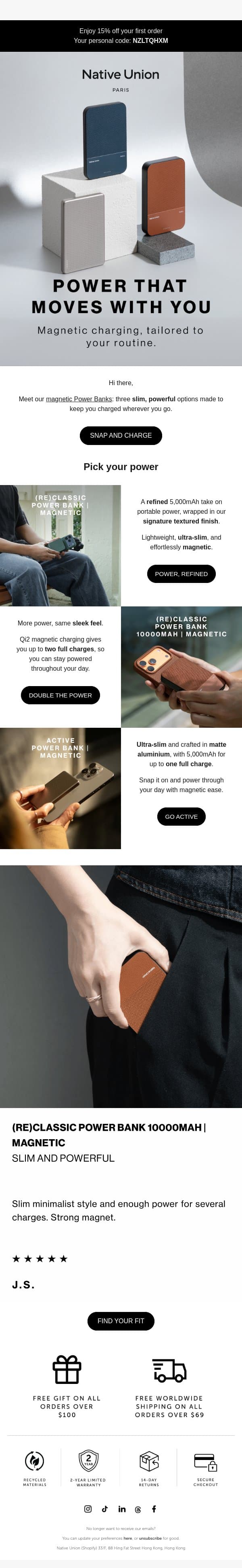Never run low again email from Native Union screenshot