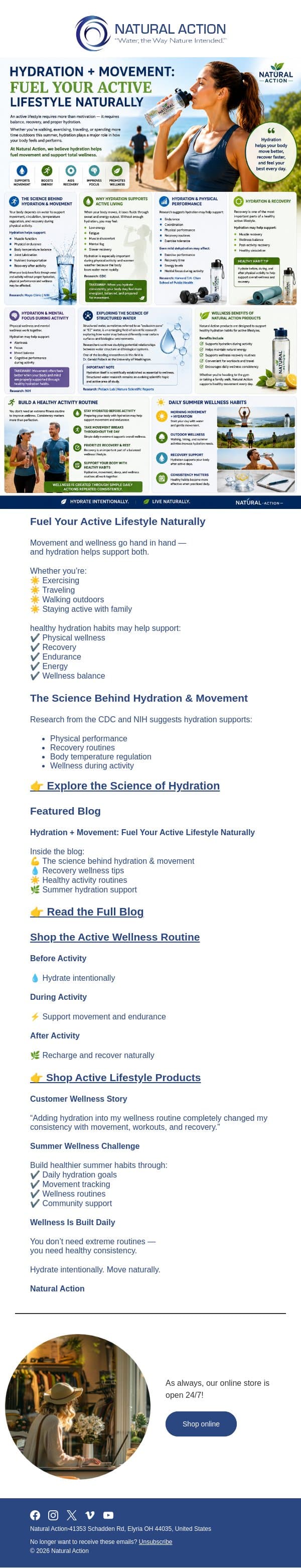 Hydration + Movement email from Natural Action Technologies screenshot