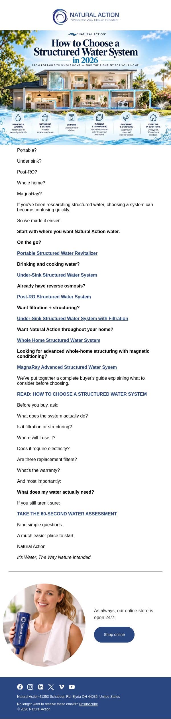 Which Structured Water System Is Right for You? email from Natural Action Technologies screenshot