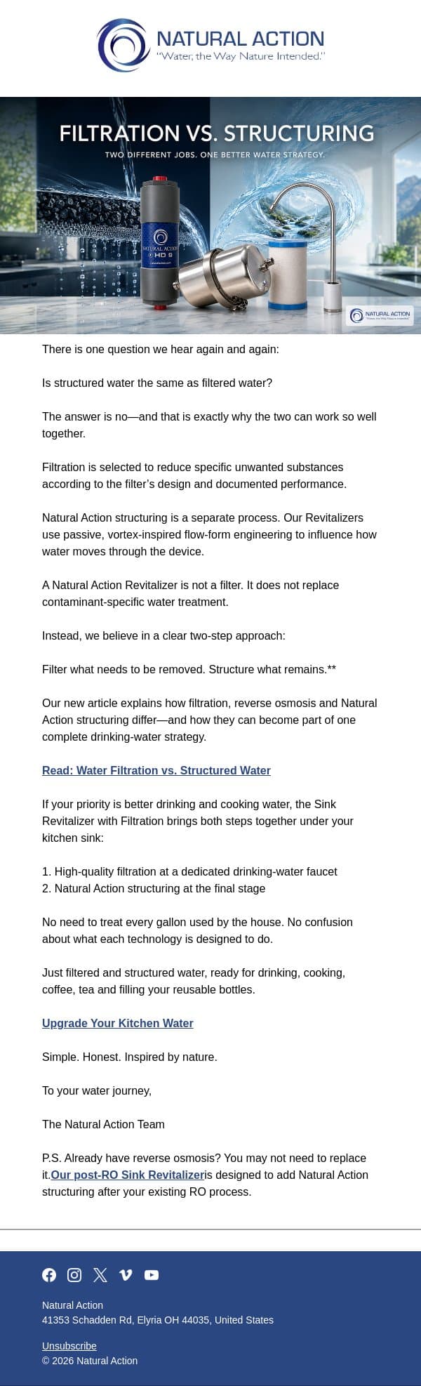 Filtration and Structuring Are Not the Same email from Natural Action Technologies screenshot