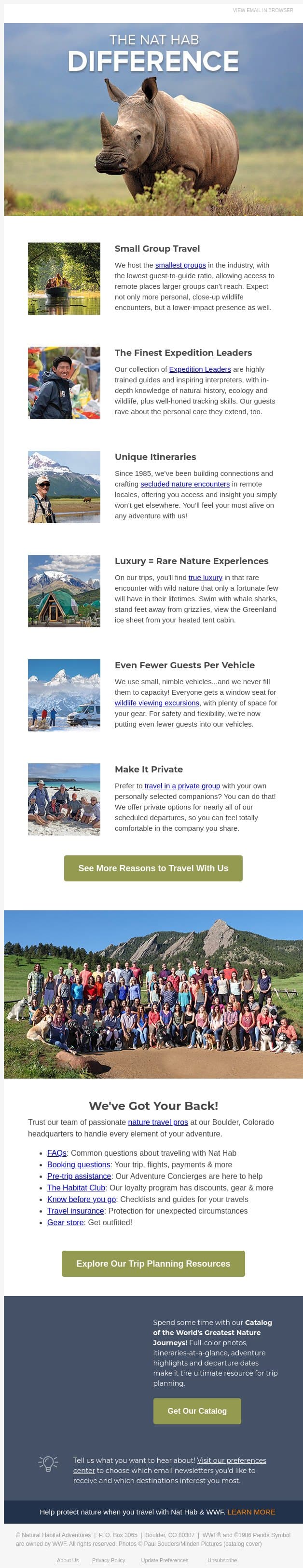 Why Travel With Us? email from Natural Habitat Adventures screenshot