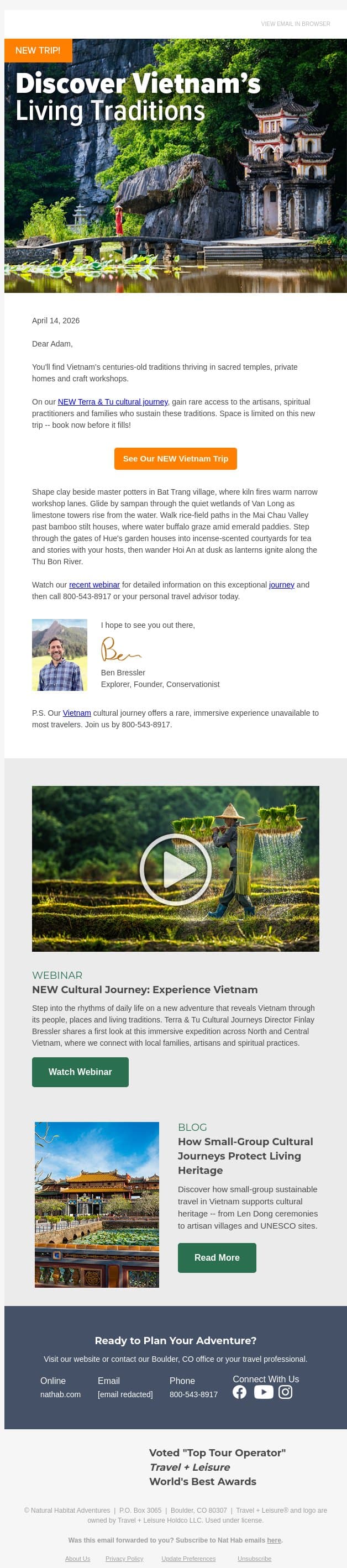 NEW TRIP: Vietnam Cultural Journey email from Natural Habitat Adventures screenshot