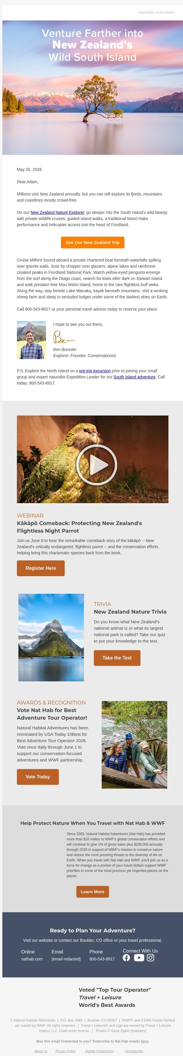 New Zealand Nature Adventure email from Natural Habitat Adventures screenshot