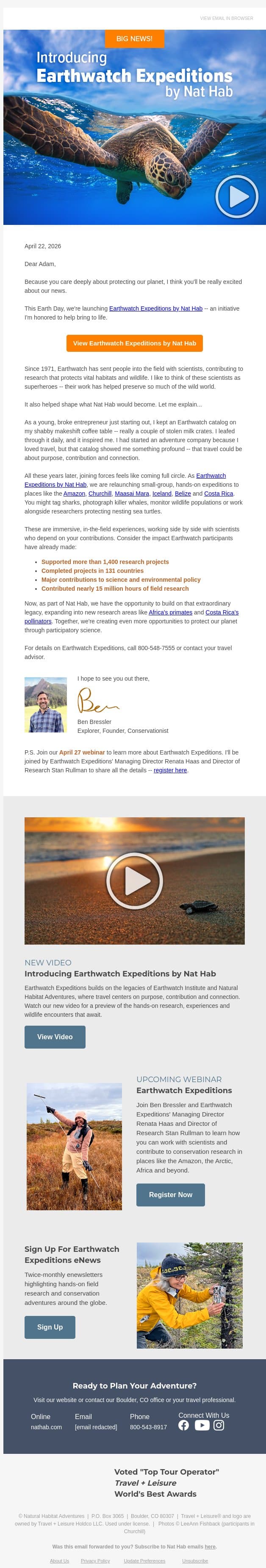 BIG NEWS: Introducing Earthwatch Expeditions by Nat Hab email from Natural Habitat Adventures screenshot