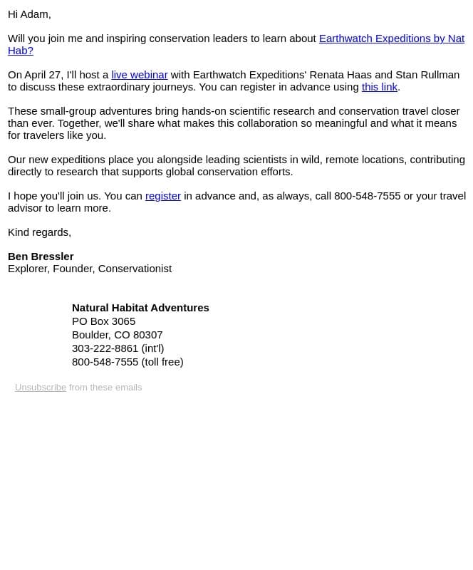 Join My Upcoming Webinar email from Natural Habitat Adventures screenshot