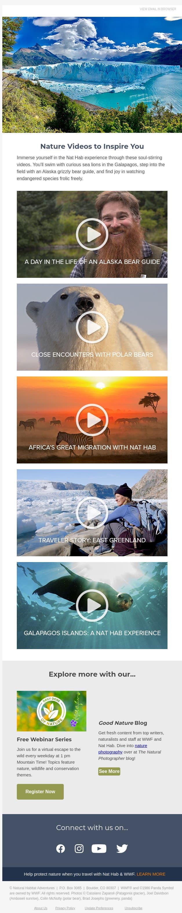 Explore more with our blogs, videos, and webinars email from Natural Habitat Adventures screenshot