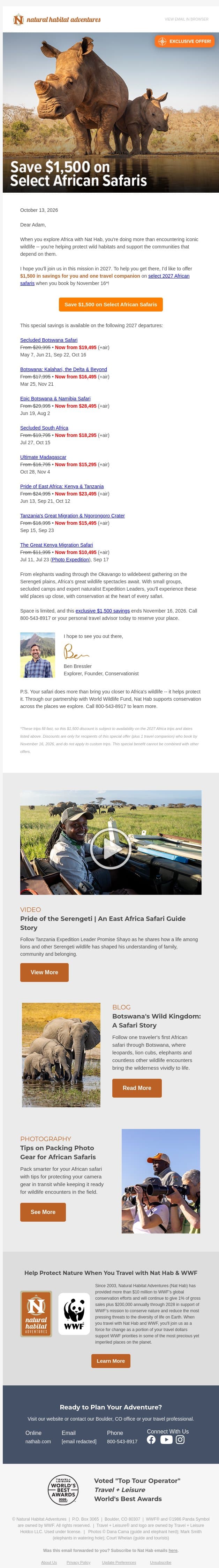 Exclusive Offer: $1,500 Savings on Select 2027 African Safaris email from Natural Habitat Adventures screenshot