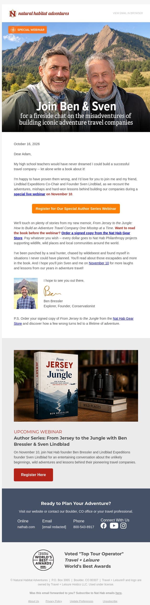 Special Webinar: From Jersey to the Jungle: Wild Stories with Ben Bressler & Sven Lindblad email from Natural Habitat Adventures screenshot