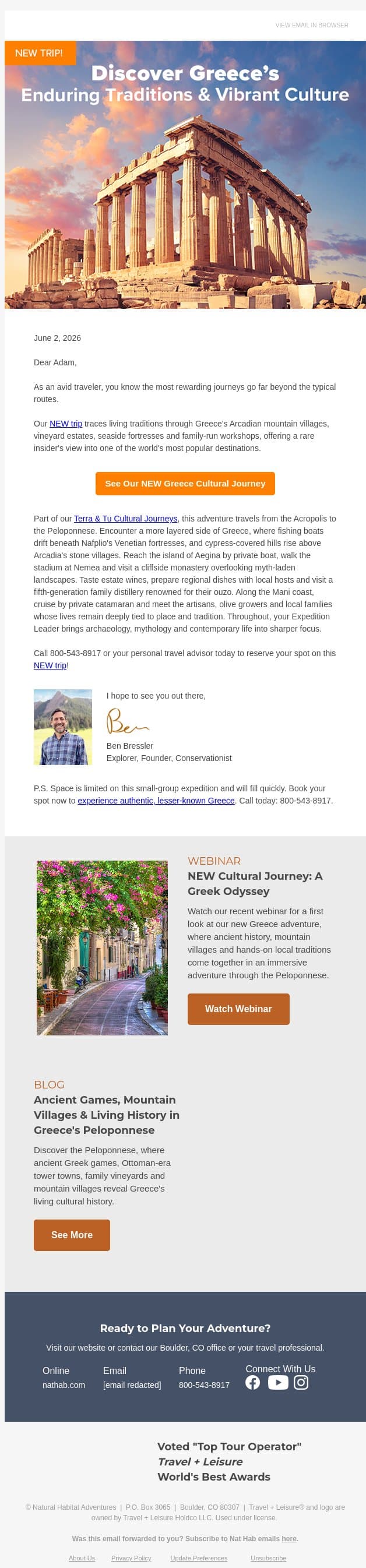 NEW TRIP: Greece Cultural Journey email from Natural Habitat Adventures screenshot