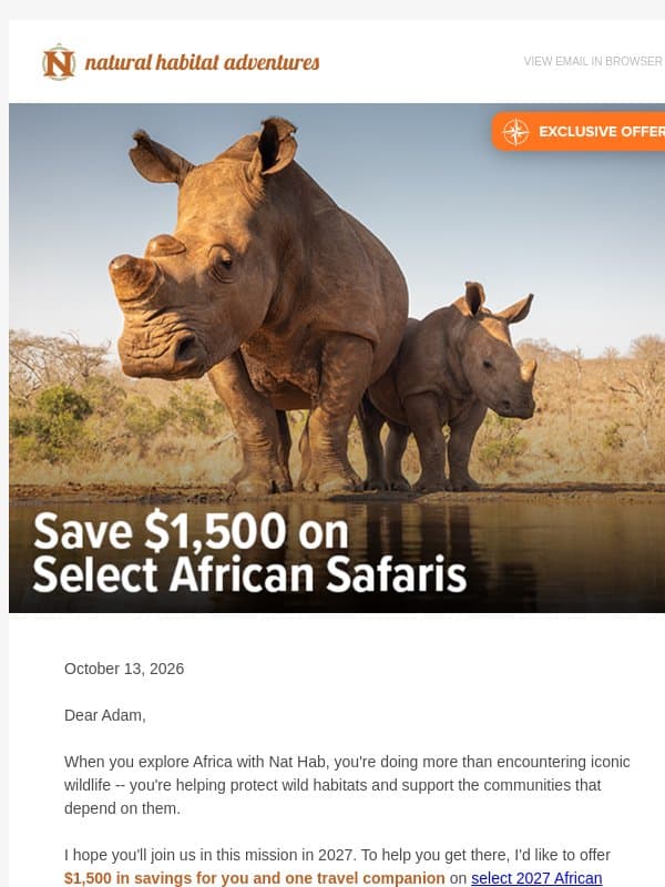 Exclusive Offer: $1,500 Savings on Select 2027 African Safaris email from Natural Habitat Adventures