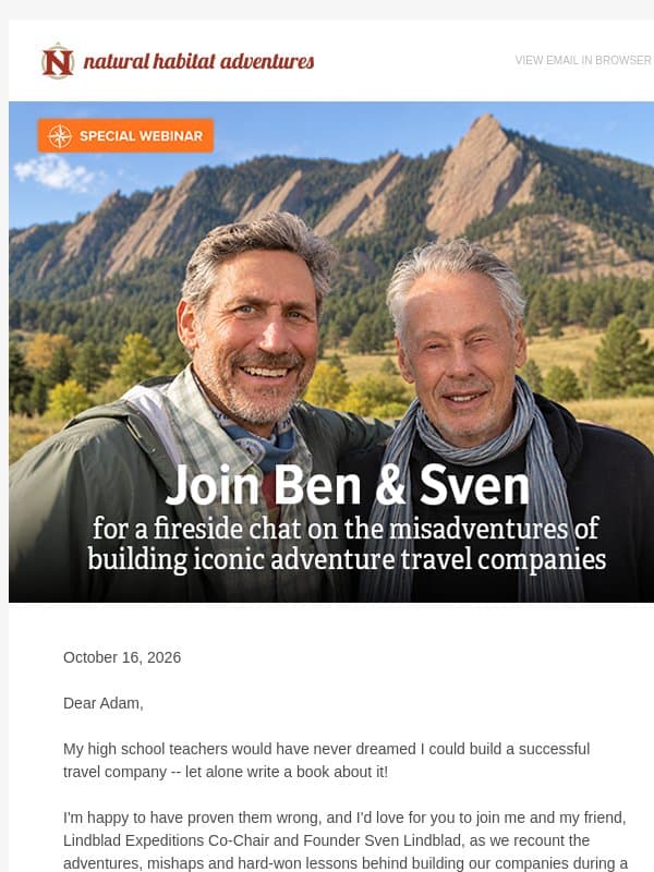 Special Webinar: From Jersey to the Jungle: Wild Stories with Ben Bressler & Sven Lindblad email from Natural Habitat Adventures