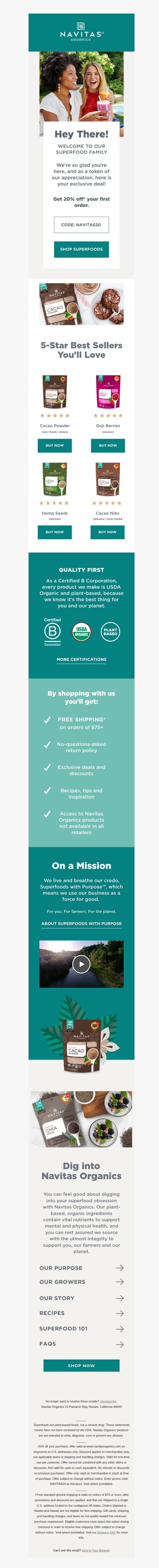 Hey there! Your welcome code is inside… email from Navitas Naturals screenshot