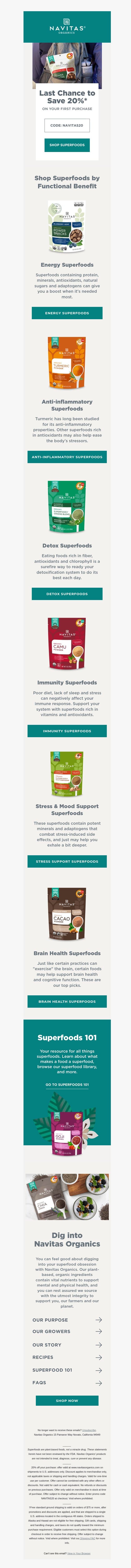 Your 20% off welcome code expires soon ⏰ email from Navitas Organics screenshot