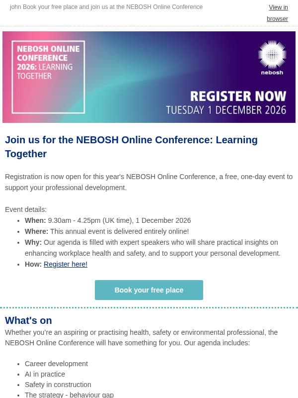 You're invited! The NEBOSH Online Conference is back for 2026 email from NEBOSH