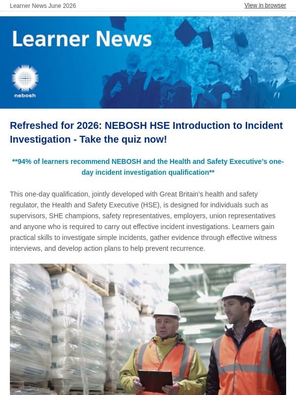 NEBOSH Learner News June 2026 email from NEBOSH