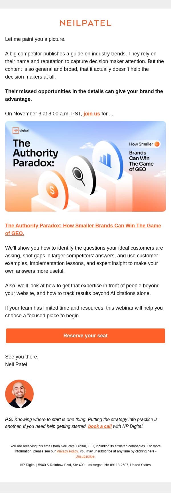 Your GEO advantage email from Neil Patel Digital screenshot