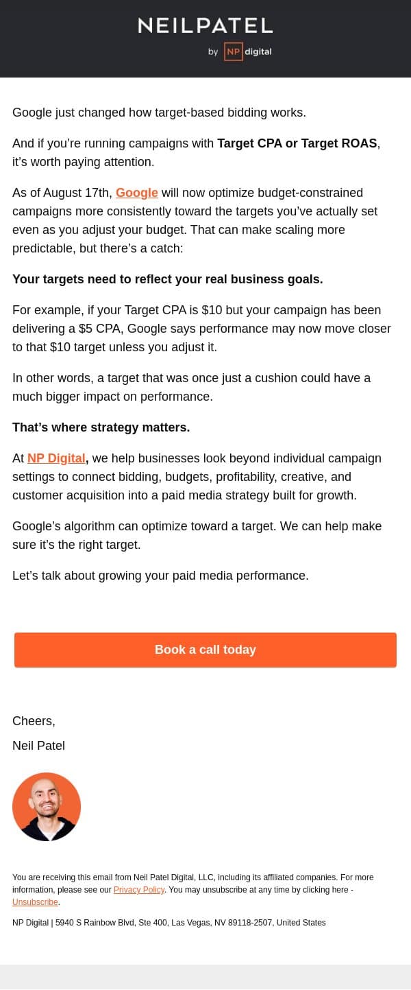 Google changed how ads works. email from Neil Patel Digital screenshot