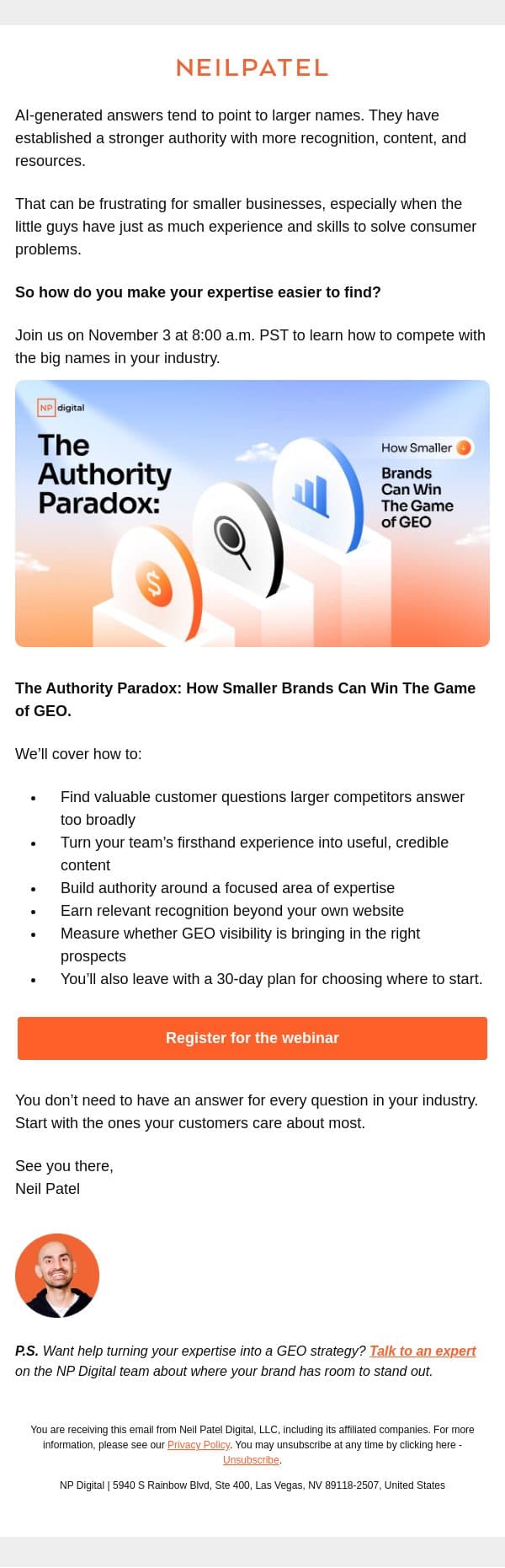 Can a smaller brand win in AI search? email from Neil Patel Digital screenshot