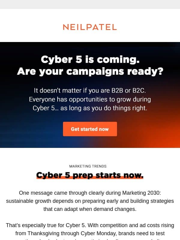 What smart marketers are doing before Cyber 5 email from Neil Patel Digital