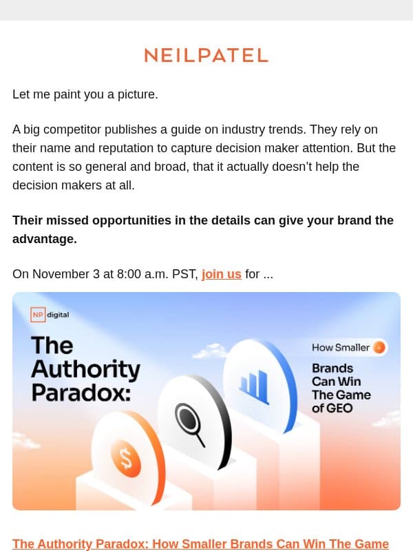 Your GEO advantage email from Neil Patel Digital