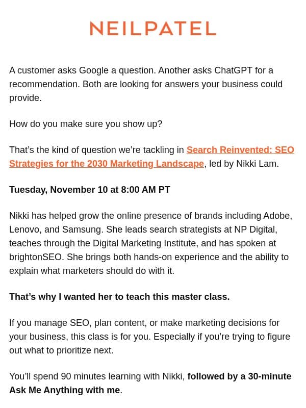 Meet the person I want you learning SEO from email from Neil Patel Digital