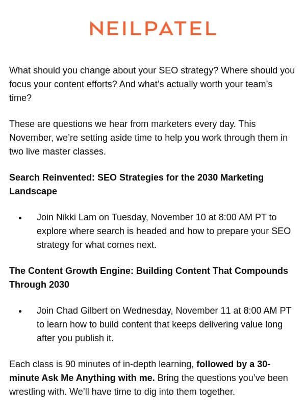 The future of SEO and content marketing email from Neil Patel Digital