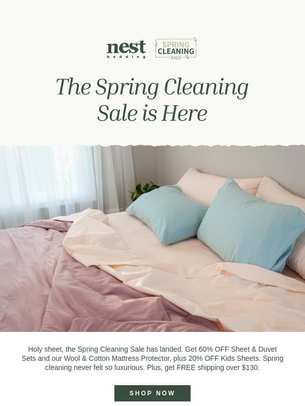 60% Off Luxury Bedding? Sheet Yeah email from Nest Bedding